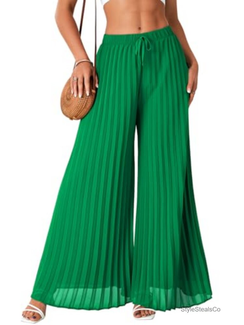 Pleated Wide Leg Chiffon Pants High Waist Flowy Casual